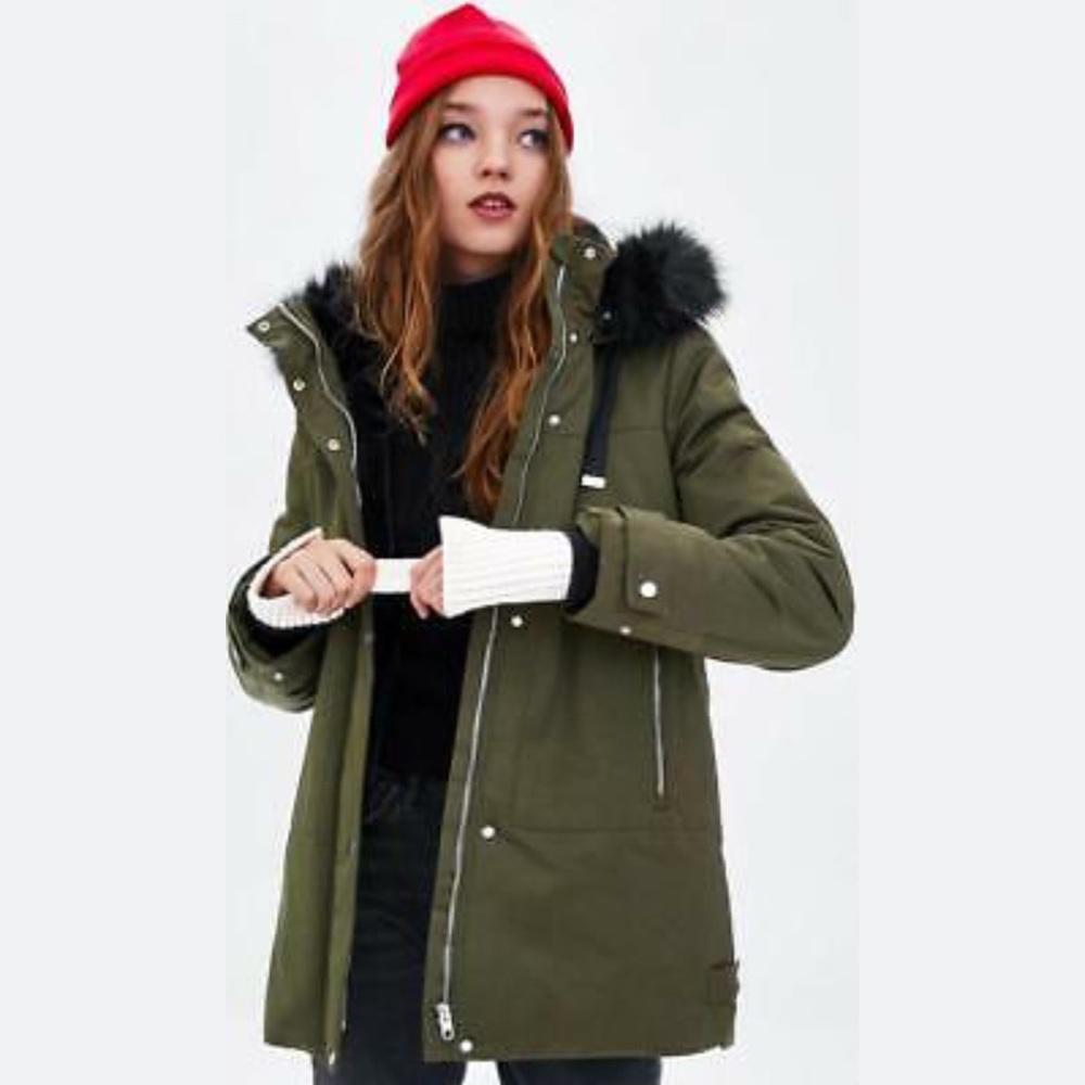 Zara Basic Outerwear Army Green Long Puffer Winter Coat with Black Fur Hoodie